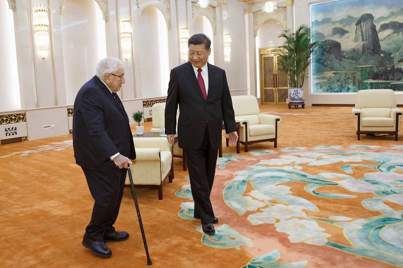 China's President Xi Jinping meets with former Secretary of State Henry Kissinger at the Great Hall of the People in Beijing, Nov. 8, 2018. (Thomas Peter/Pool via AP)