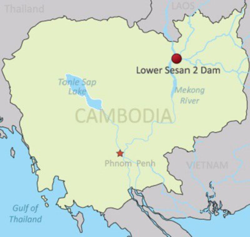 A map showing the Lower Sesan 2 dam in Cambodia. Credit: RFA.