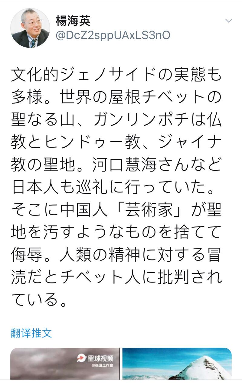 张洹事件引起日本静冈大学教授、蒙古人学者杨海英先生关注。（网络截图）