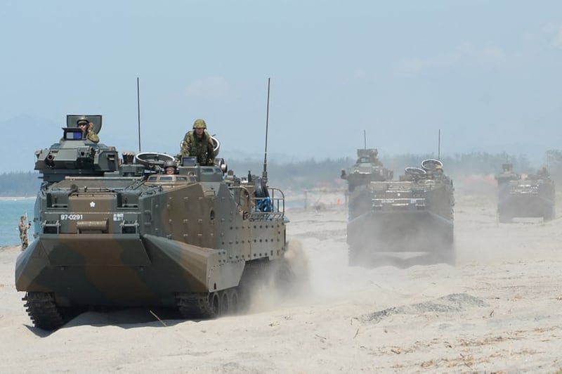 Japan Ground Self-Defense Force personnel on board amphibious assault vehicles take part in a joint landing exercise with Philippine and U.S. troops in San Antonio, Zambales province, north of Manila, Oct. 6, 2018.