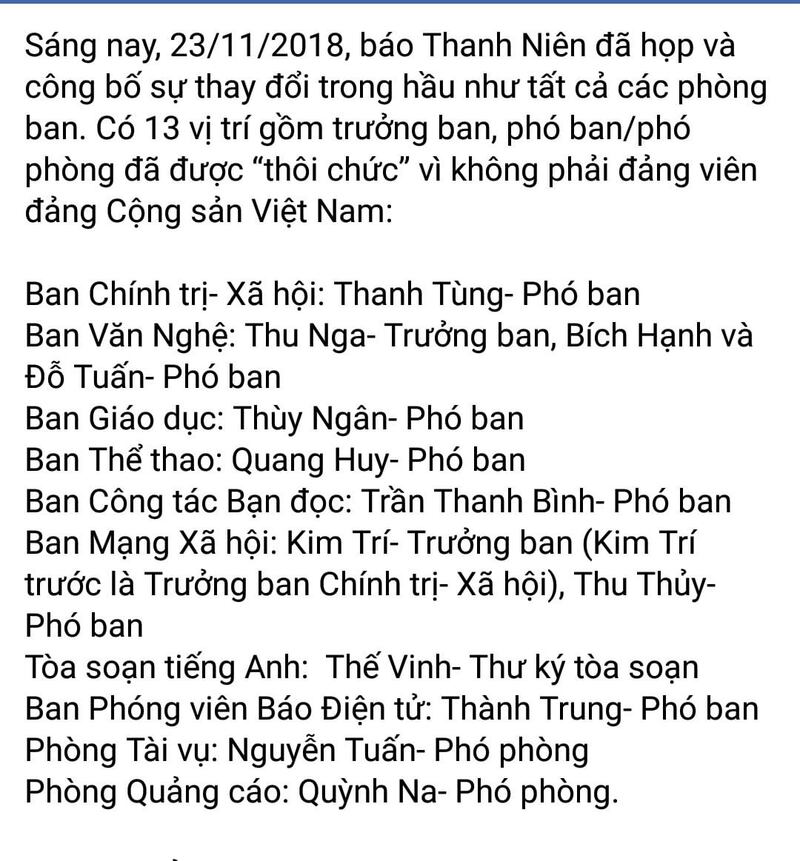 Danh sách các lãnh đạo báo Thanh Niên bị thôi chức được lan truyền trên FB