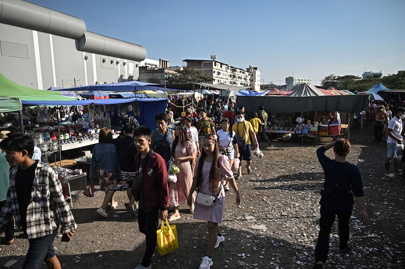 An outdoor market frequented by Myanmar migrant workers in Thailand’s Samut Sakhon province on Jan. 26, 2025.