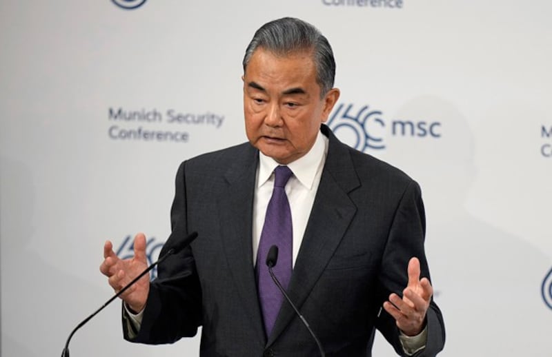 Chinese Foreign Minister Wang Yi delivers a speech at the Munich Security Conference in Munich, Germany, Feb. 17, 2024. (Matthias Schrader/AP)