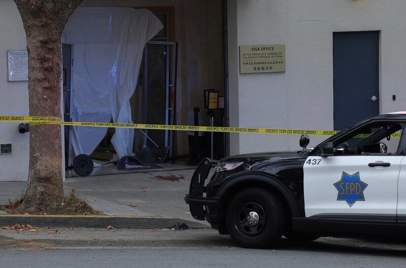 A San Francisco Police vehicle is parked on the street near the visa office of the Chinese consulate in San Francisco, California, Oct. 9, 2023. Credit: Nathan Frandino/Reuters