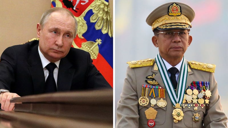 Left: Russian President Vladimir Putin attends a meeting with government members via a video link in Moscow, Russia March 10, 2022. Credit: Sputnik via Reuters. Right: Myanmar's junta chief Senior General Min Aung Hlaing, who ousted the elected government in a coup on February 1, 2021, presides over an army parade on Armed Forces Day in Naypyitaw, Myanmar, March 27, 2021. Credit: Reuters.