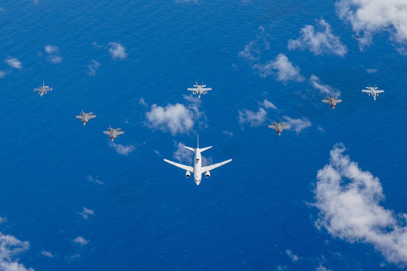 Aircraft from Royal Australian Air Force, U.S. Air Force and Japan Air Self-Defense Force fly in formation during a Pacific Ocean exercise, Feb. 7, 2025.