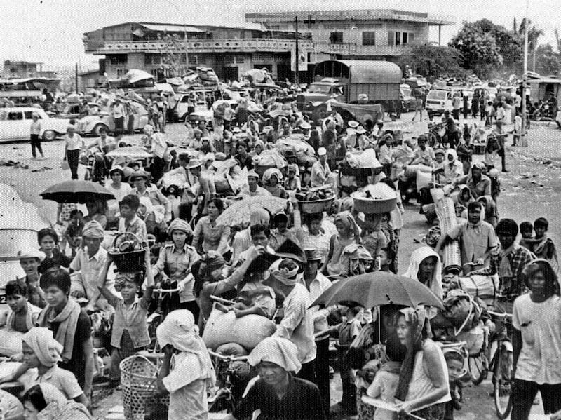 People leave Phnom Penh after Khmer Rouge forces seized the Cambodian capital April 17, 1975.