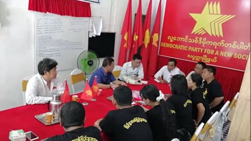 Members of the Democratic Party for a New Society hold a meeting at the party's headquarters in Myanmar's commercial hub Yangon, September 2020.