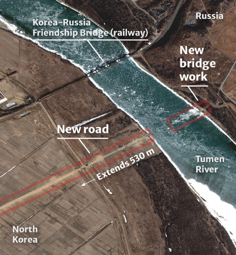 Work proceeds on a new Tumen River bridge linking North Korea and Russia, March 3, 2025.