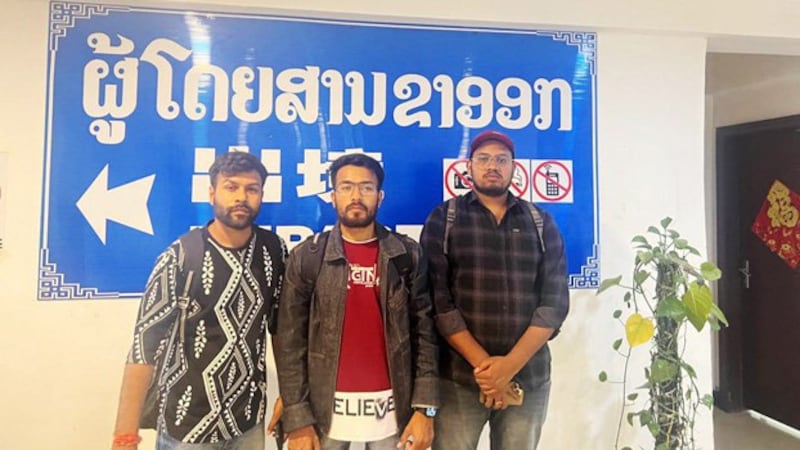 Three Indian nationals duped by fake job offers in Laos are seen Feb. 28, 2024 after they were rescued by authorities. (India Ministry of External Affairs via Facebook)