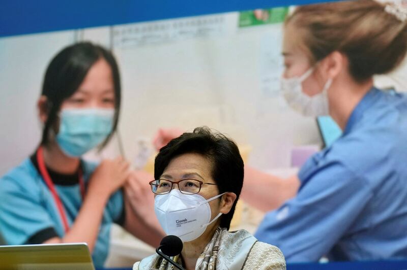 Hong Kong Chief Executive Carrie Lam listens to reporters' questions during a news conference in Hong Kong, March 21, 2022. Credit: Reuters