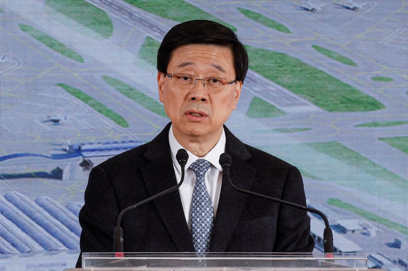 Hong Kong's Chief Executive John Lee speaks at an event in the city, Nov. 28, 2024.