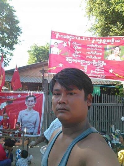 Aung Zaw Myo in front of the local NLD office in Sagaing region's Monywa township, in an undated photo. Aung Zaw Myo's Facebook page