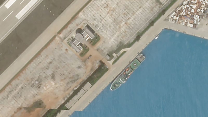 A closer-cropped view of the Feb. 23, 2020 satellite image of Fiery Cross Reef showing what appears to be Chinese rescue vessel Nan Hai Jiu 115, which ship-tracking software shows was at that location on the same day. 