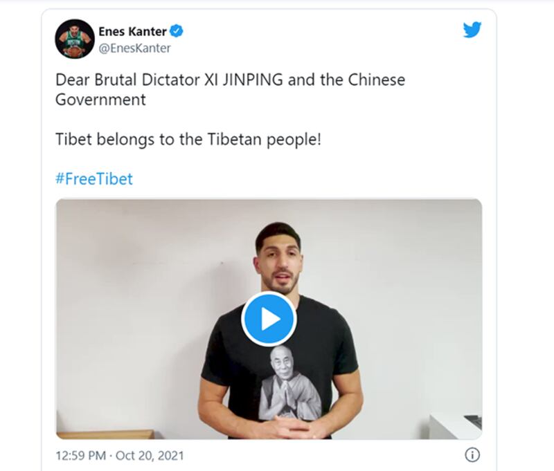 NBA波士顿凯尔特人队中锋坎特（Enes Kanter）对中国领导人习近平及中国政府表示，西藏属于西藏人民。（推特截图）