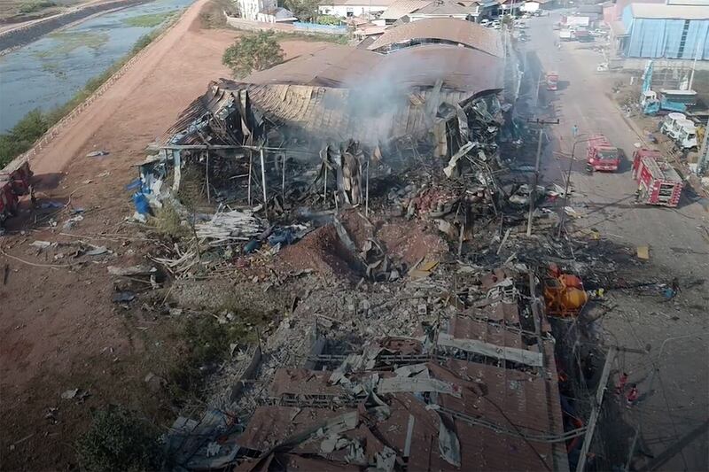 An aerial view of the ruins of a Chinese-owned shop in Xay district of Oudomxay province in northern Laos, following an explosion on Feb. 14, 2025.