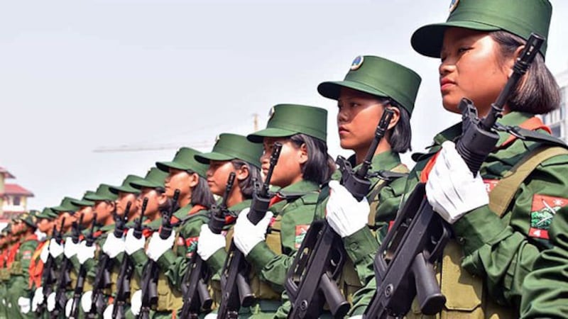 United Wa State Army soldiers march during a military parade commemorating 30 years of a bilateral cease-fire signed with the Myanmar military, in the town of Pangsang in Myanmar's Wa self-administered region, April 17, 2019.