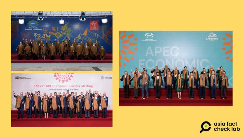 Three separate U.S. presidents stood second from the right in the back row in group photos taken at separate APEC summits hosted by Peru –  Bush in 2008 (top left), Obama in 2016 (bottom left), and Biden in 2024 (right).