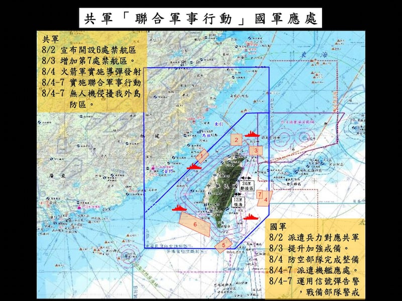 台湾国防部针对解放军在佩洛西访台后发动军演说明应处情况。（台湾国防部直播截图）