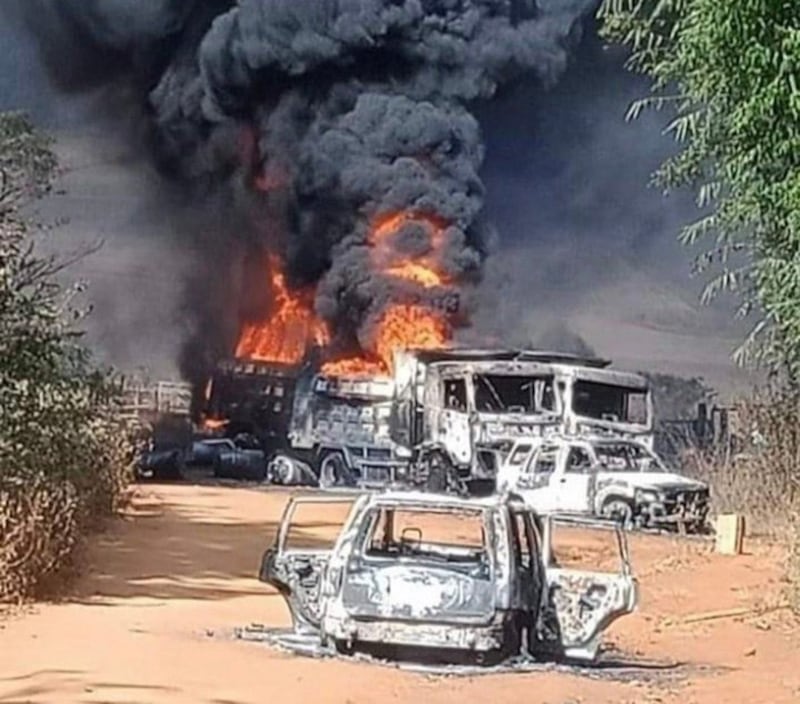 Vehicles burn after Myanmar junta soldiers massacred and incinerated the bodies of about 40 civilians, including two aid workers from Save the Children, in Hpruso on Dec. 24, 2021. When the KNPLF tried to intervene and secure the release of detained civilians, the military killed four of their members. Credit: Karenni Nationalities Defense Force