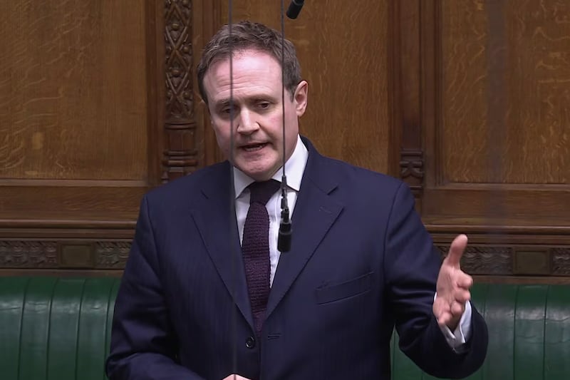 Conservative MP Tom Tugendhat raises questions in the House of Commons over China's planned mega-embassy in London, March 4, 2025.