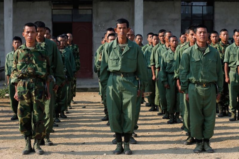 Kachin Independence Army recruits undergo training at a military camp near Laiza in northern Myanmar's Kachin state, Feb. 13, 2012. Credit: Vincent Yu/AP