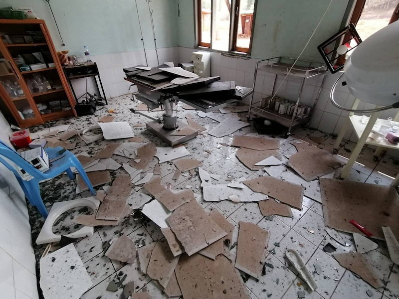 The room of a hospital in Hsaung Phway village, Pekon township, Myanmar, is seen after an airstrike by junta forces on April 25, 2023. Credit: Mobye PDF, KNDF