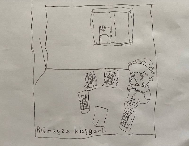 Artwork submitted by students in Turkey to the Ministry of National Education for an 'East Turkestan in my Dreams' competition in May 2021 as part of a bid to highlight China's tactics of persecution in the Xinjiang Uyghur Autonomous Region. 'A Uyghur boy whose family was abducted by authorities in Xinjiang.'