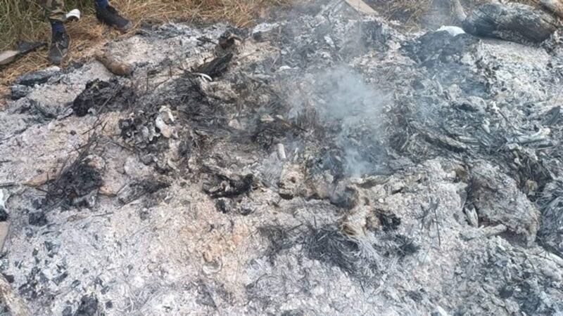 The remains of burned bodies are seen in Pa Lon Twi village of Mindat township in western Myanmar's Chin state, Nov. 10, 2022. (Chinland Defense Force-Mindat)