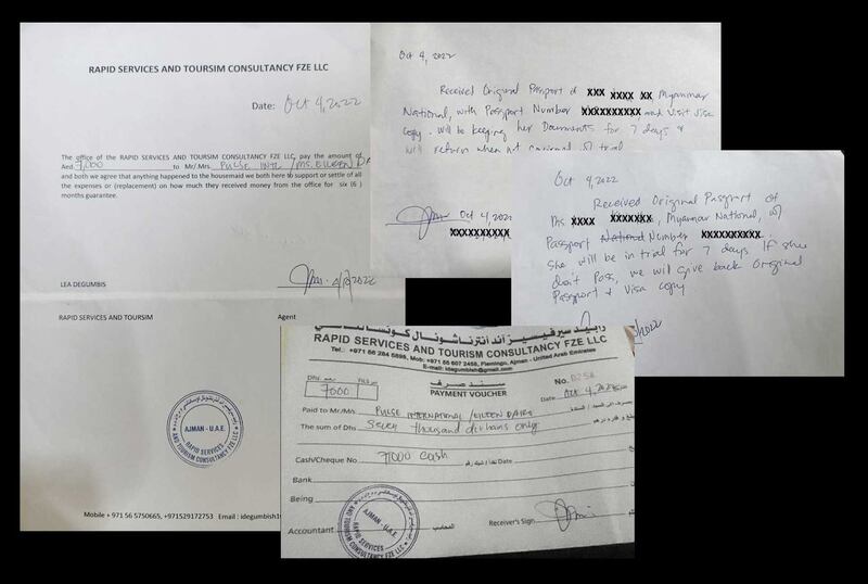 Receipts issued by job agents after purchasing the rights to migrants like Theingi Soe from other agents. Each transaction increases the money the workers “owe” to have their passports and other identifying documents returned.