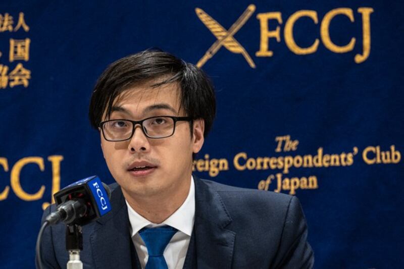 Sam Yip, spokesperson for the Japan-Hong Kong Democracy Alliance, speaks during a press conference in Tokyo, July 20, 2023. Credit: Richard A. Brooks/AFP