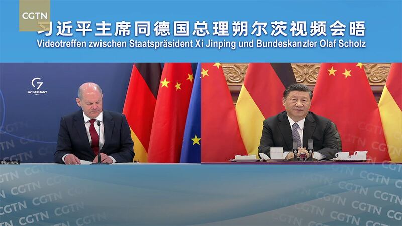 2022年5月9日，德国总理朔尔茨（Olaf Scholz）和中国国家主席习近平举行视频会晤。（视频截图/CCTN）