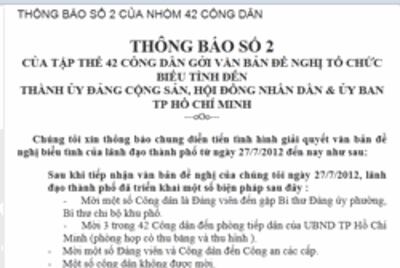 Bản thông báo số 2 của tập thể 42 công dân gởi văn bản đề nghị tổ chức biểu tình đến thành ủy ĐCS, hội đồng nhân dân & UB TPHCM. Photo courtesy of blog Huỳnh Ngọc Chênh.