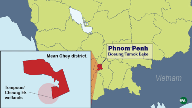 A map shows Phnom Penh's Boeung Tamok Lake and the Tompoun/Cheung Ek Wetlands. Credit: RFA graphic