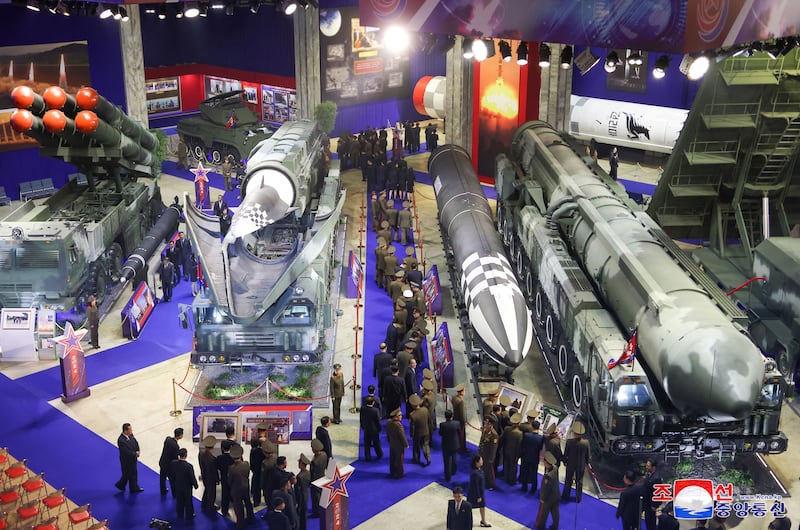 Weaponry on display during the National Defence Development-2024 exhibition in Pyongyang on Nov. 21, 2024.