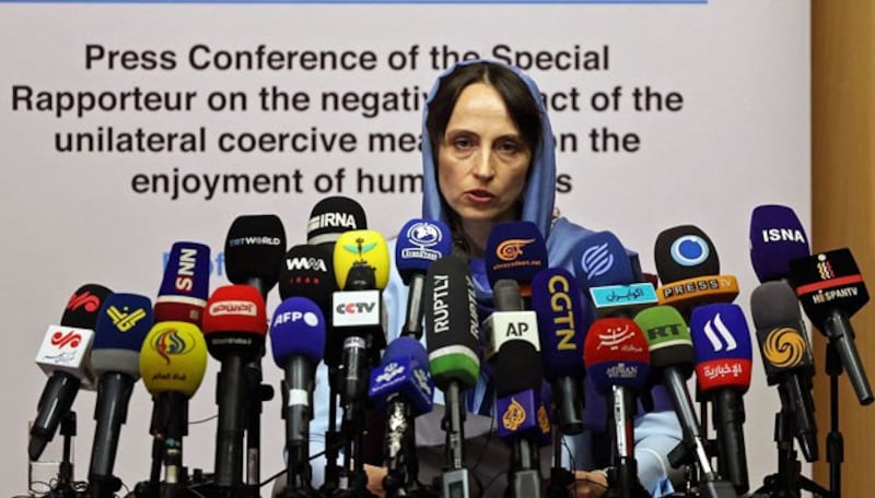 Alena Douhan, the UN special rapporteur on the negative impact of the unilateral coercive measures on the enjoyment of human rights, gives a press conference in Iran's capital Tehran, May 18, 2022. Credit: AFP