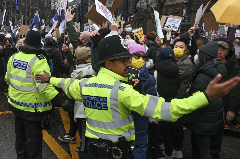 Demonstrators protest at the proposed site of the Chinese “mega-embassy” in London, Feb. 8, 2025.