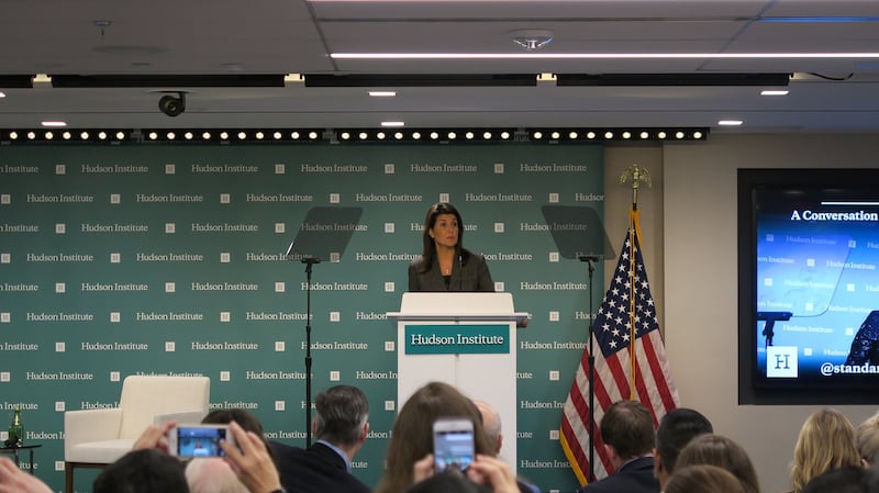 美国前驻联合国大使尼基·黑利(Nikki Haley) 以捍卫美国资本主义价值为题发表演说。（自由亚洲电台记者唐家婕华盛顿摄）