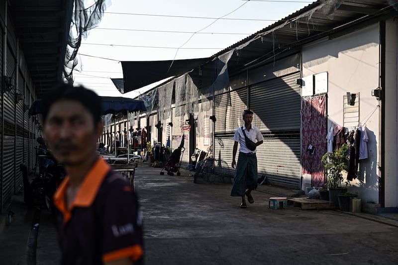 Myanmar migrant workers outside their accommodations in Thailand’s Samut Sakhon province on Jan. 26, 2025.