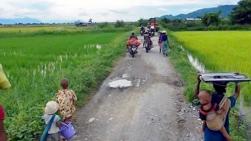 Residents flee fighting in Sagaing region's Kalay township, in an undated photo. Citizen journalist