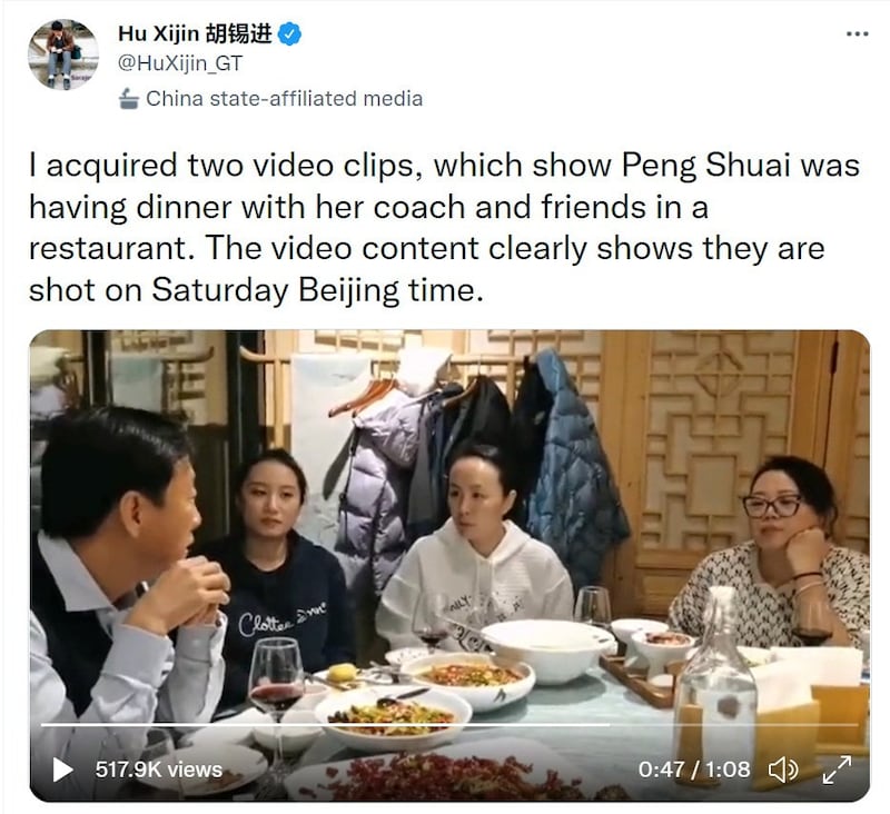 Peng Shuai is seen having dinner with her friends at a restaurant in this screen grab of a video in a Twitter post, acquired by Global Times Editor In Chief, Hu Xijin on November 20, 2021. Acquired on November 20, 2021. Credit: Hu Xijin/Twitter via Reuters