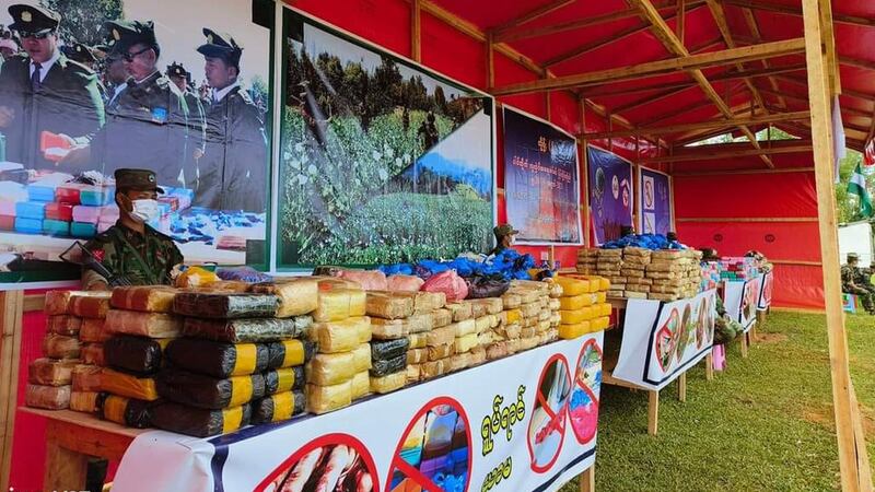 The Ta'ang National Liberation Army displays seized drugs at an anti-drug day event on Monday, June 26, 2023. Credit: Ta'ang State TV