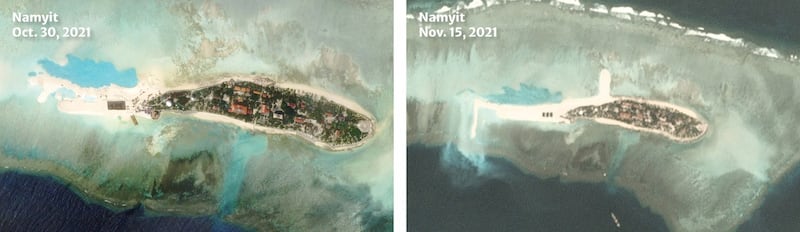 Satellite images of Namyit Island, a Vietnamese-held feature in the Spratlys, taken two weeks apart on Nov. 15 and Oct. 30, shows continuing construction underway at its western tip and north side. Imagery: Planet Labs Inc. Analysis: RFA