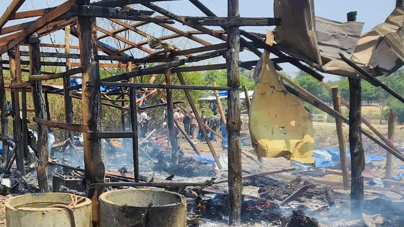 A building smolders following a junta airstrike, April 11, 2023, Pa Zi Gyi village in Kanbalu township, Sagaing region, Myanmar. (Citizen photo)