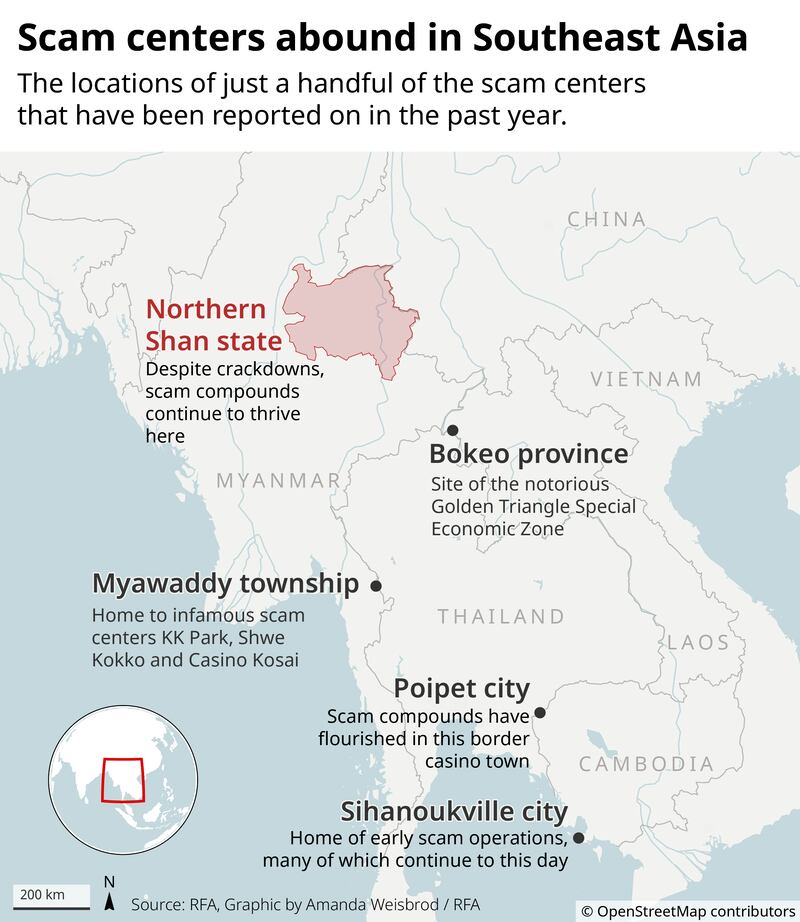 Map of scam centers in southeast asia