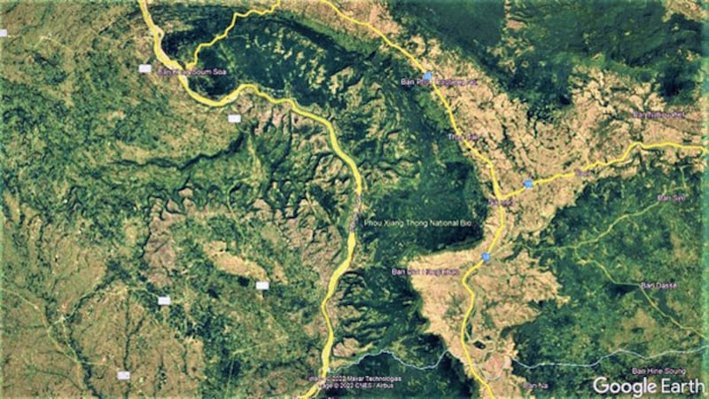 The satellite image shows an area of Phou Xieng Thong National Protected Forest in Lakhonepheng district, southern Laos' Saravan province, where villagers have encroached upon state land. Credit: Google Earth