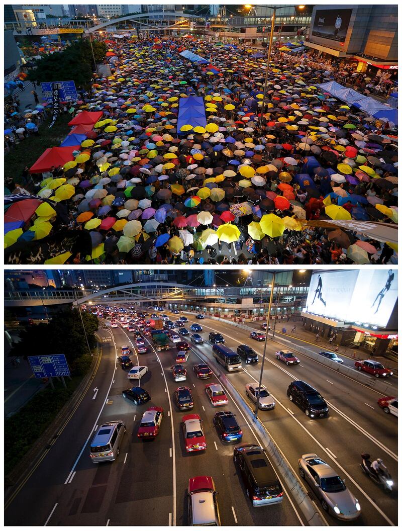 图为雨伞运动前后对比；影集倒数第二集包含重现香港2014年为期79天的“占领中环”的画面。（路透社图片）