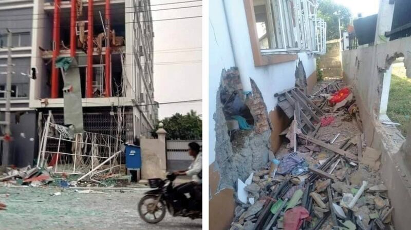 Mandalay region NLD office [left] after a bomb blast on Oct. 27, 2021 and the Myeik township and district offices after a bomb blast on Oct. 20, 2021. Credit: RFA