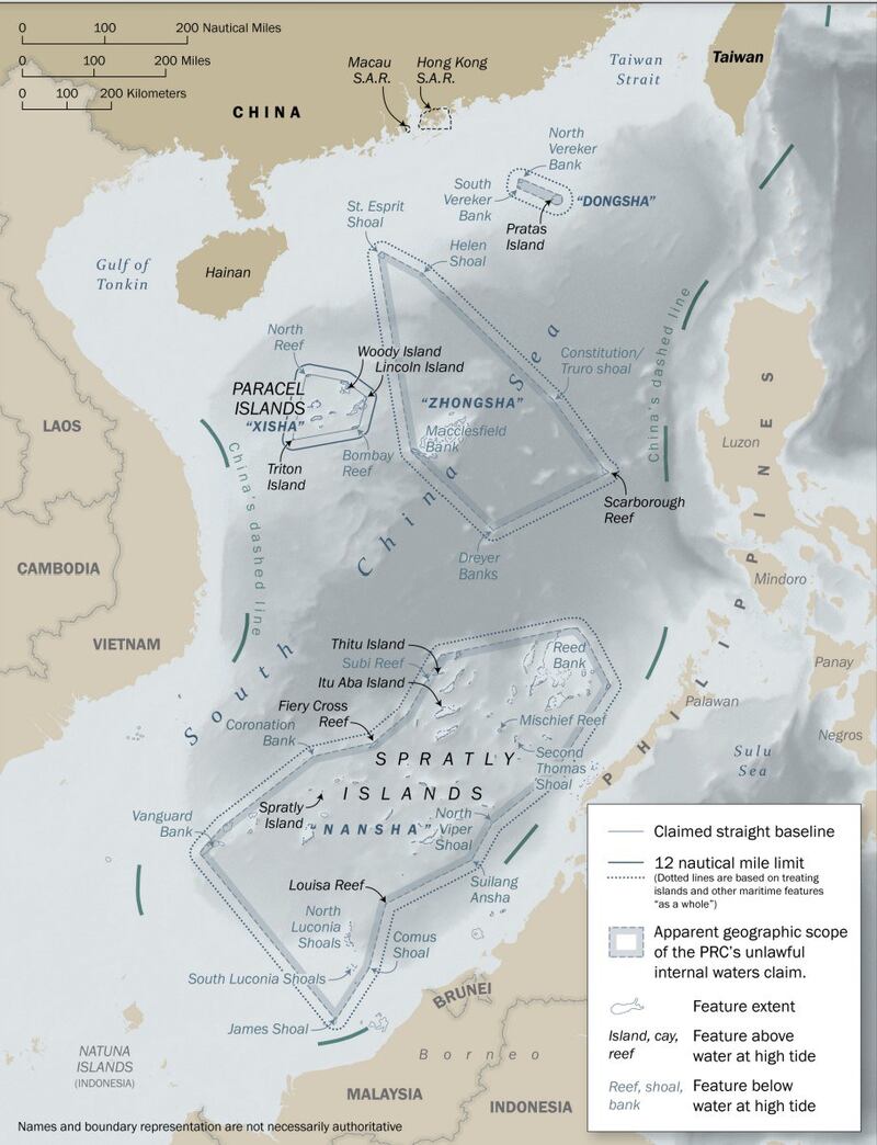 Illustrative map of the apparent geographic extents of Dongsha Qundao, Xisha Qundao, Zhongsha Qundao, and Nansha Qundao, from which the PRC claims its maritime zones. Credit: U.S. State Department's report 'Limits in the Seas'