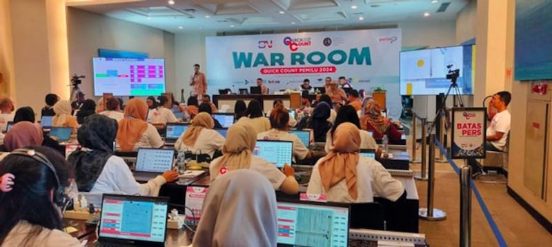 The Center for Strategic and International Studies and Cyrus Network conduct a 'quick count' of votes in the Indonesian general election, at the CSIS office in Jakarta, Feb. 14, 2024. (Tria Dianti/BenarNews)